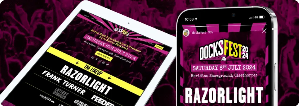 Docks Fest 2024 website shown on mobile and tablet. Image shows responsive web design capabilities of Sourcefour Grimsby