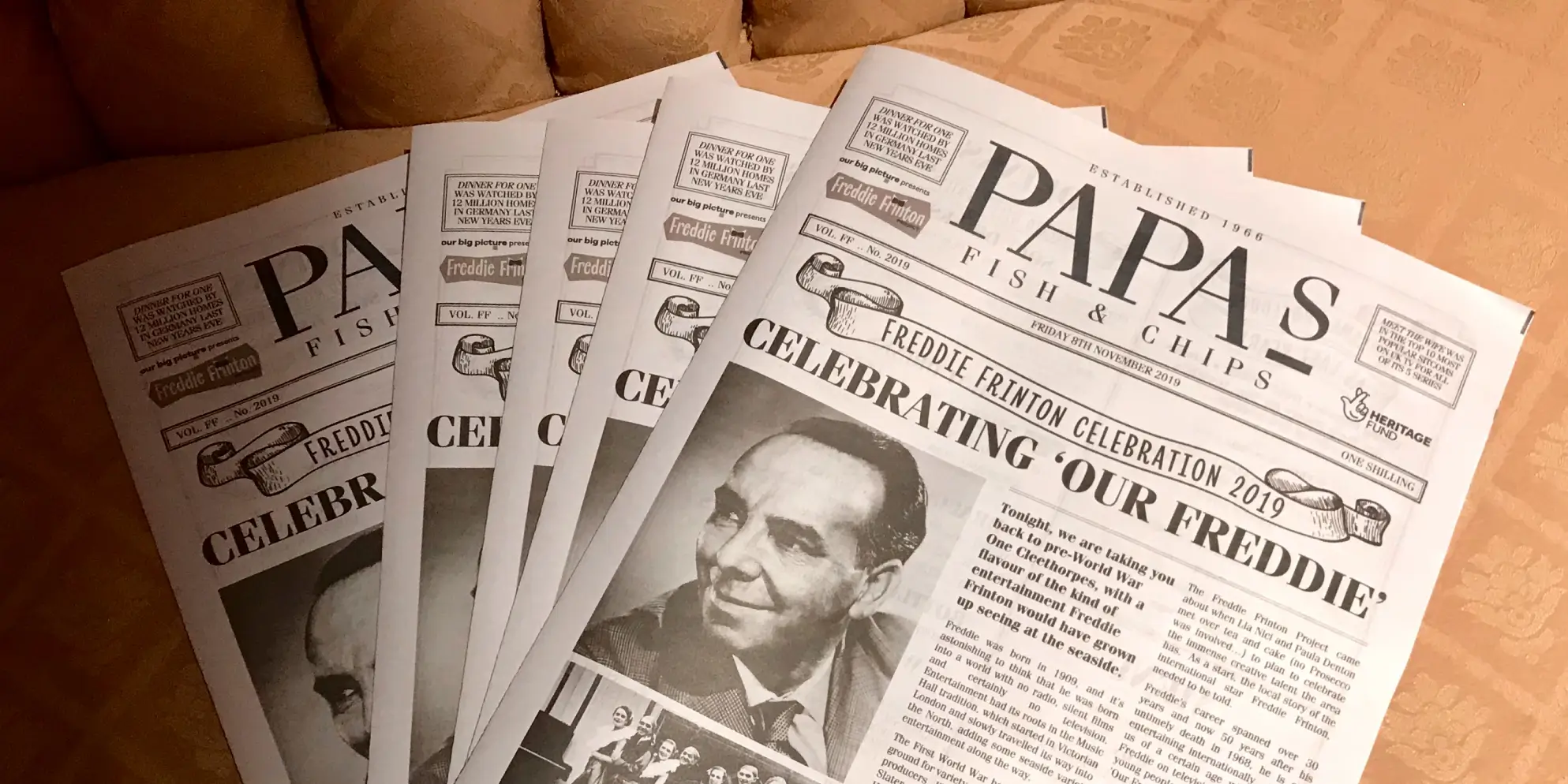 Printed Papas newspaper menus designed by Sourcefour for the Freddie Frinton Project celebration evening