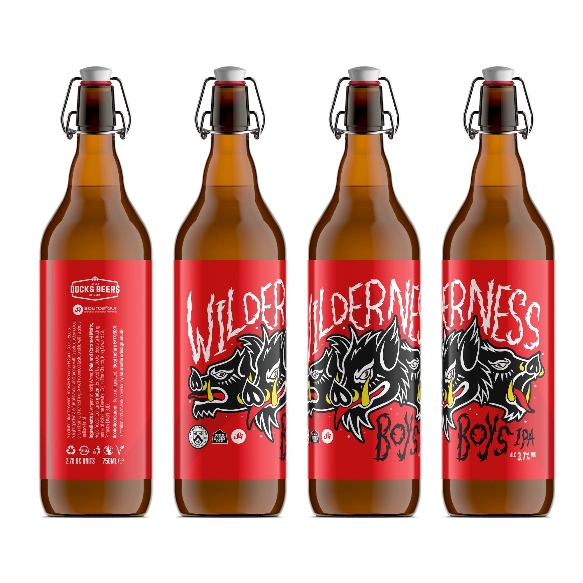 A bottle of beer with a red label and a drawing of a wild boar.