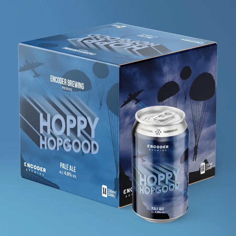 Hoppy Hopgood Can Artwork and Box Design for Encoder Brewing