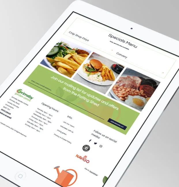 Grimsby Garden Centre website shown on an iPad. Image designed to show off the responsive web design and development services provided by Sourcefour