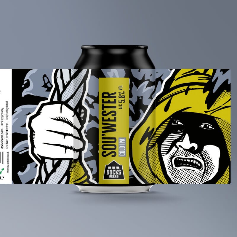 Docks Beers x Beer52 Sou'wester Cold IPA illustrated can artwork
